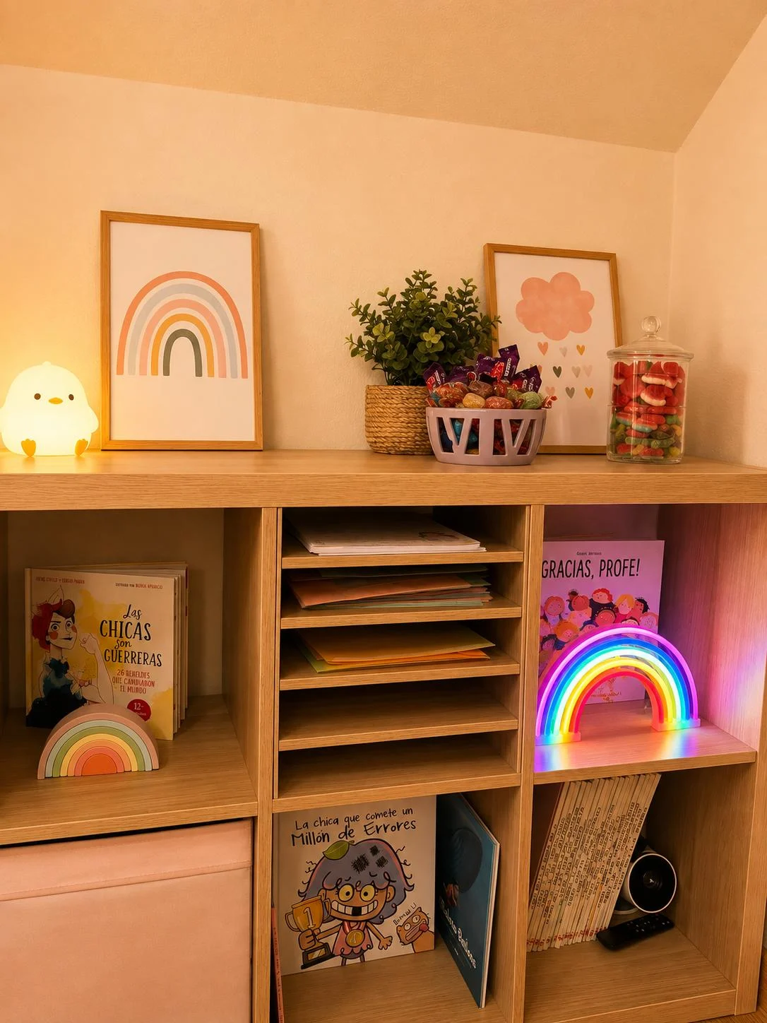 Estantería con materiales y un arcoíris de colores